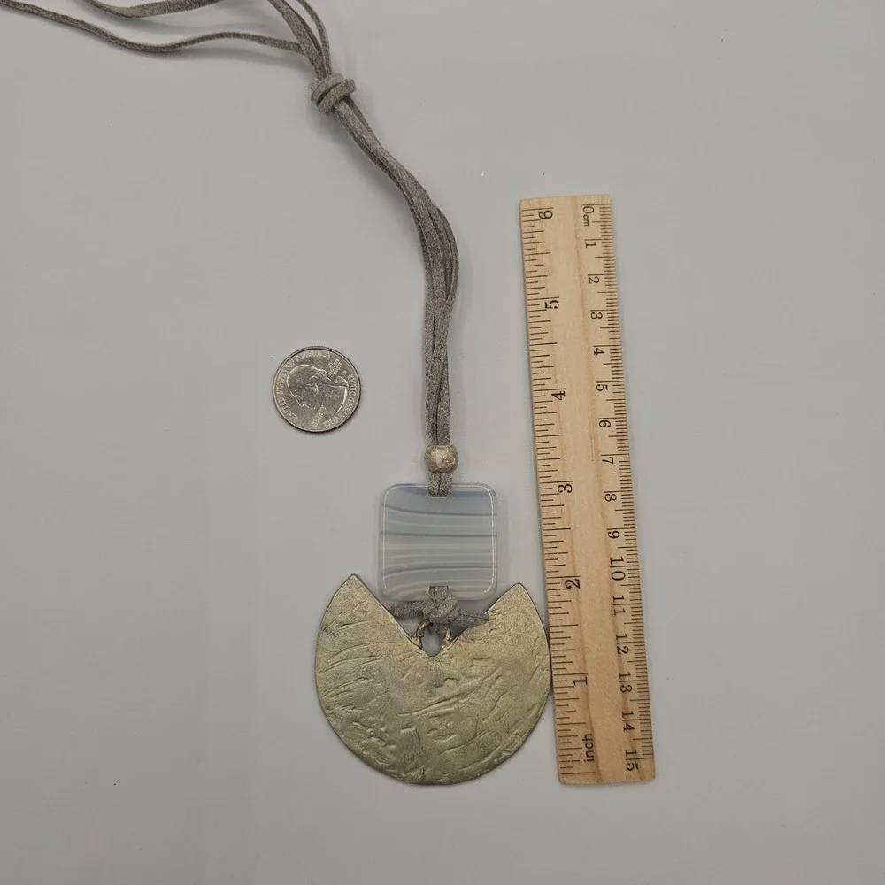 Handmade‎ Pendant Necklace Gray Glass Metal Suede Cord Geometric Boho